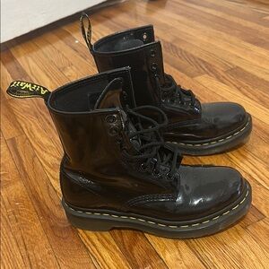 Dr. Martens Glossy Black Boots with Yellow Accents